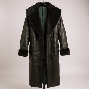 Vintage Women's Black Leather Trench Coat with Fur Trim
